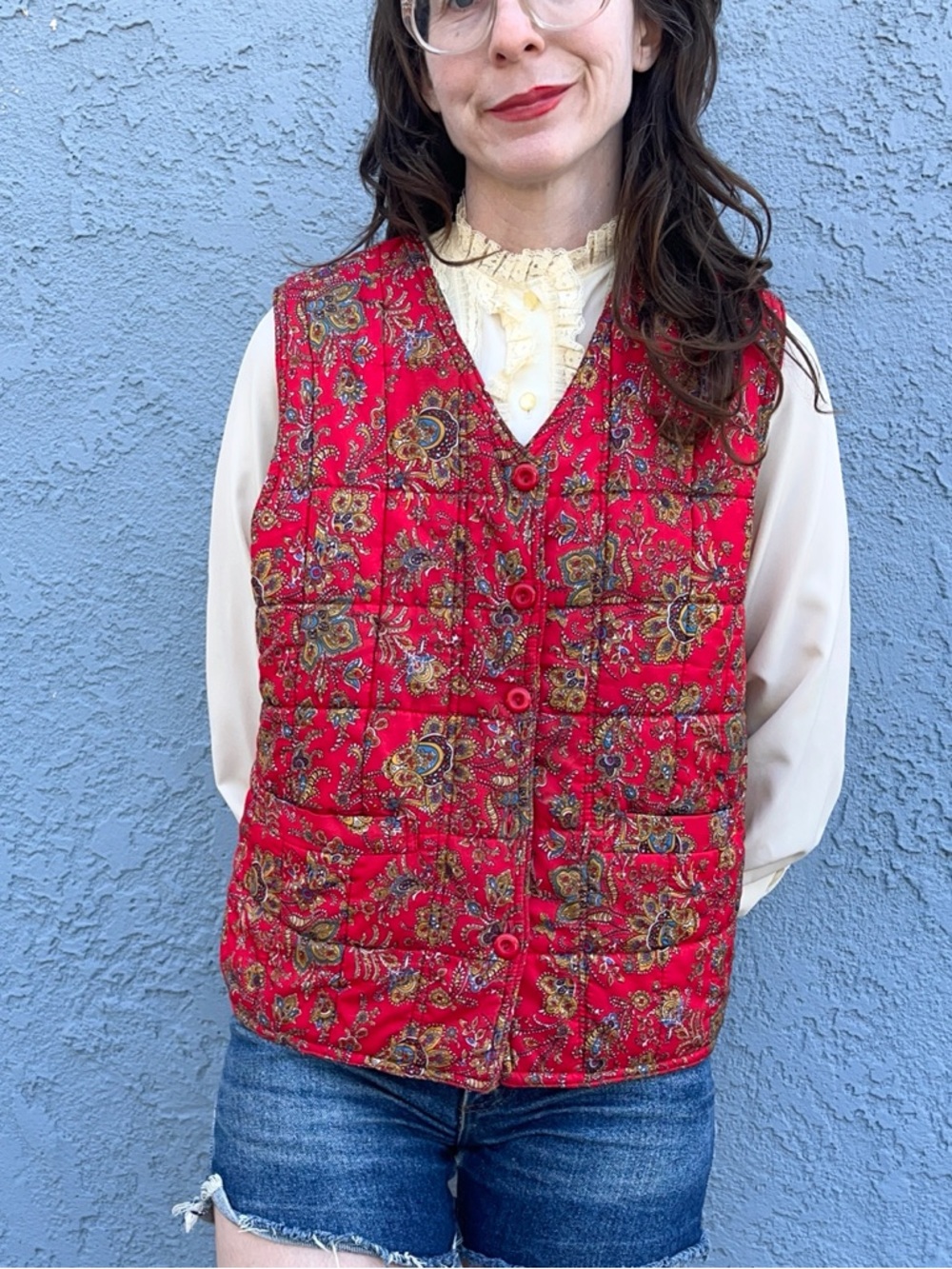 Vintage Quilted Vest Red Paisley Size Medium Asian Style